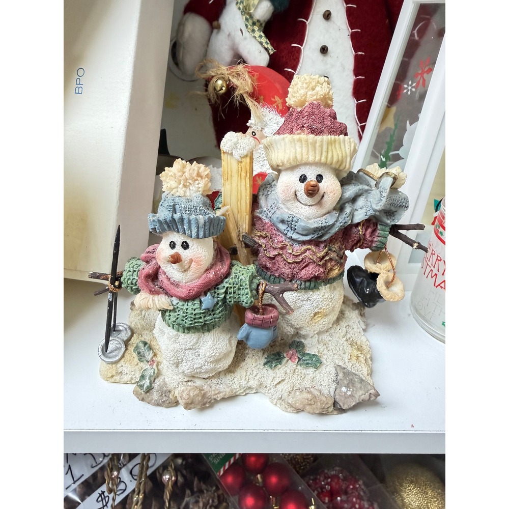 Rustic Resin Snowman Pair Figurine with Skis and Poles Christmas Winter Decor